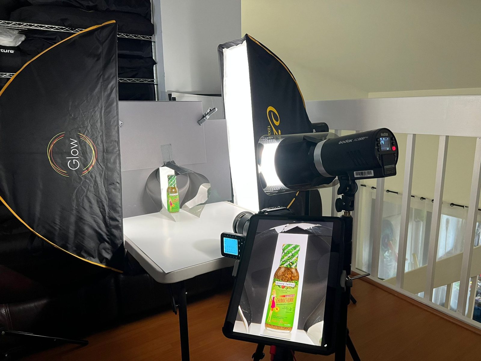 Product bottle in a light tent with tethered preview