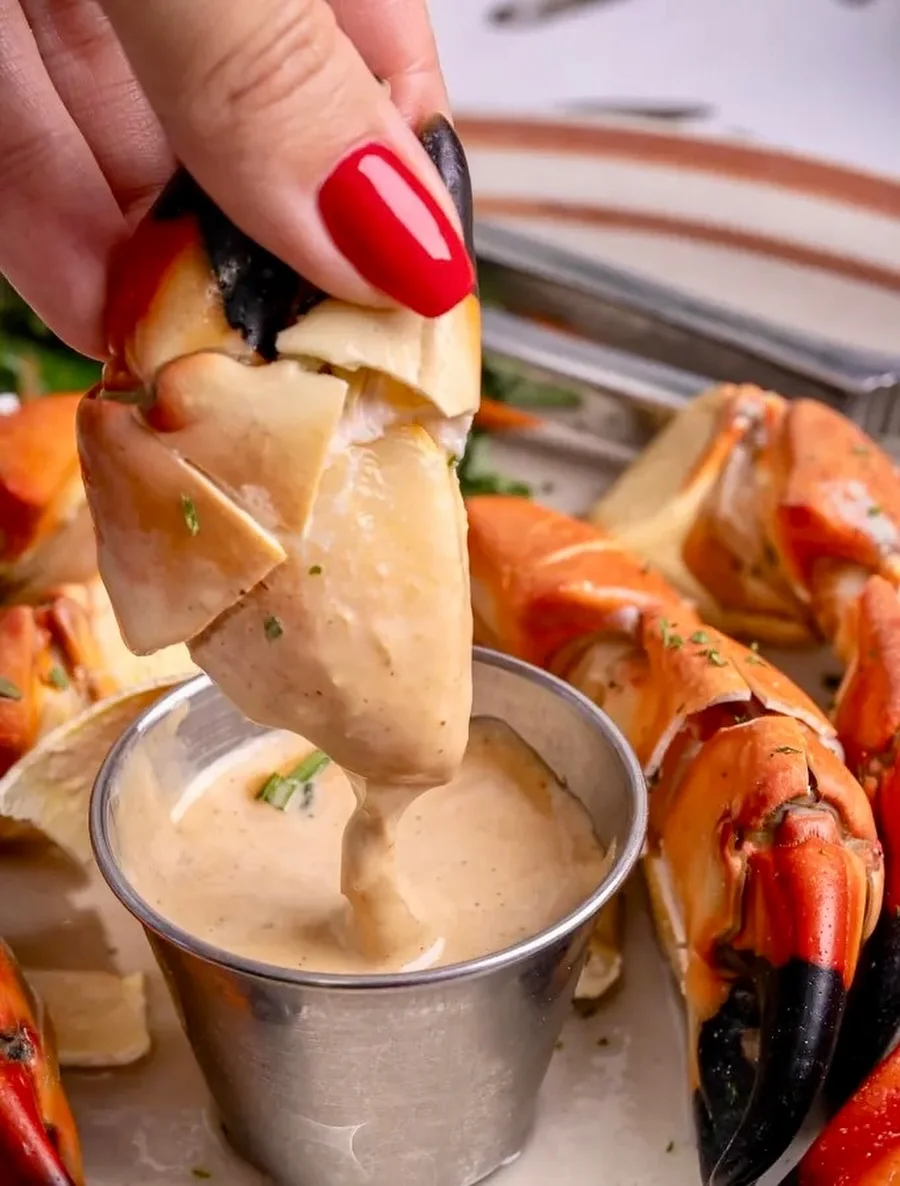 Fingers lifting stone crab claw meat from a dip cup beside more claws