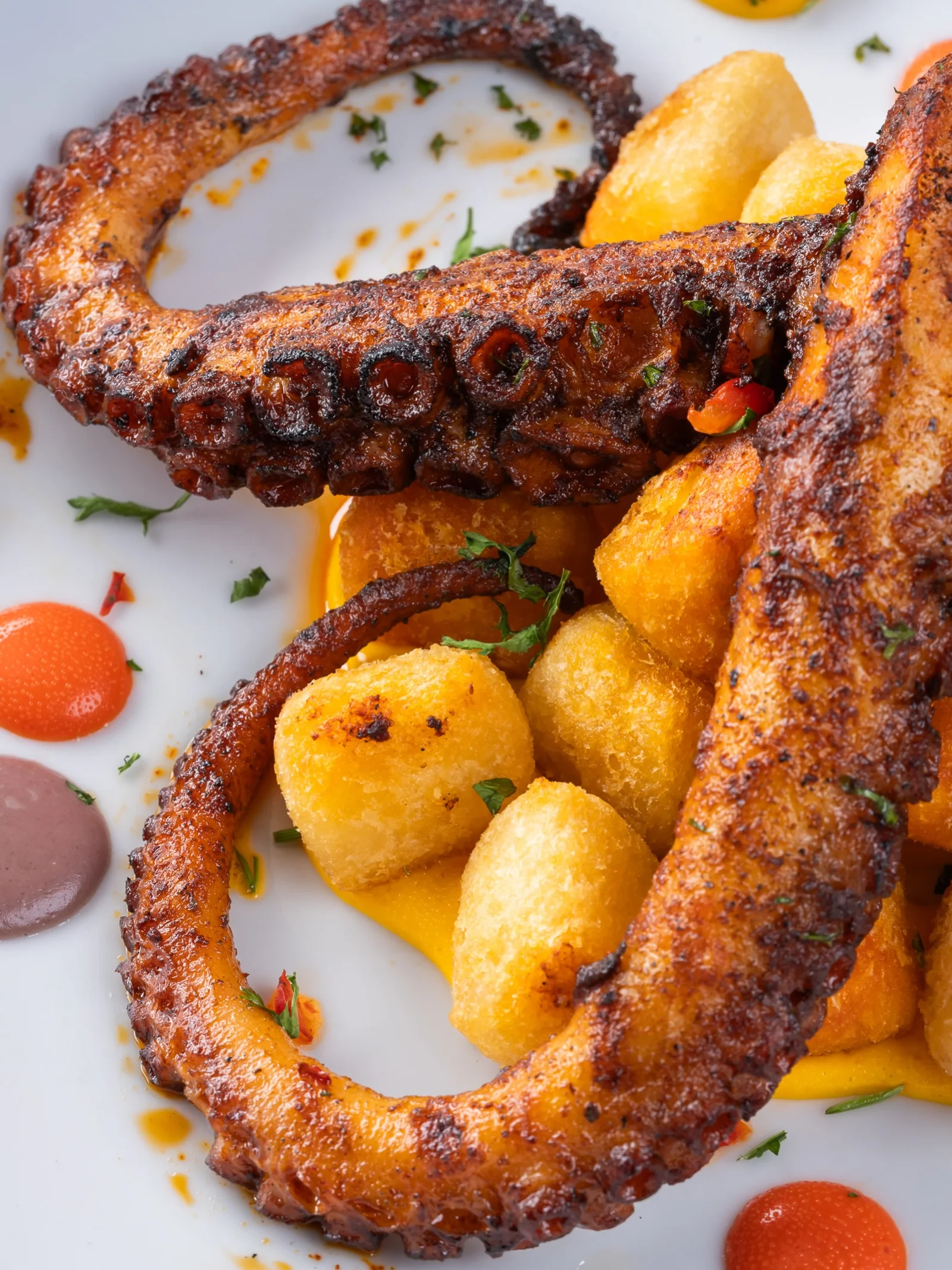 Charred octopus tentacles with golden fried plantain bites