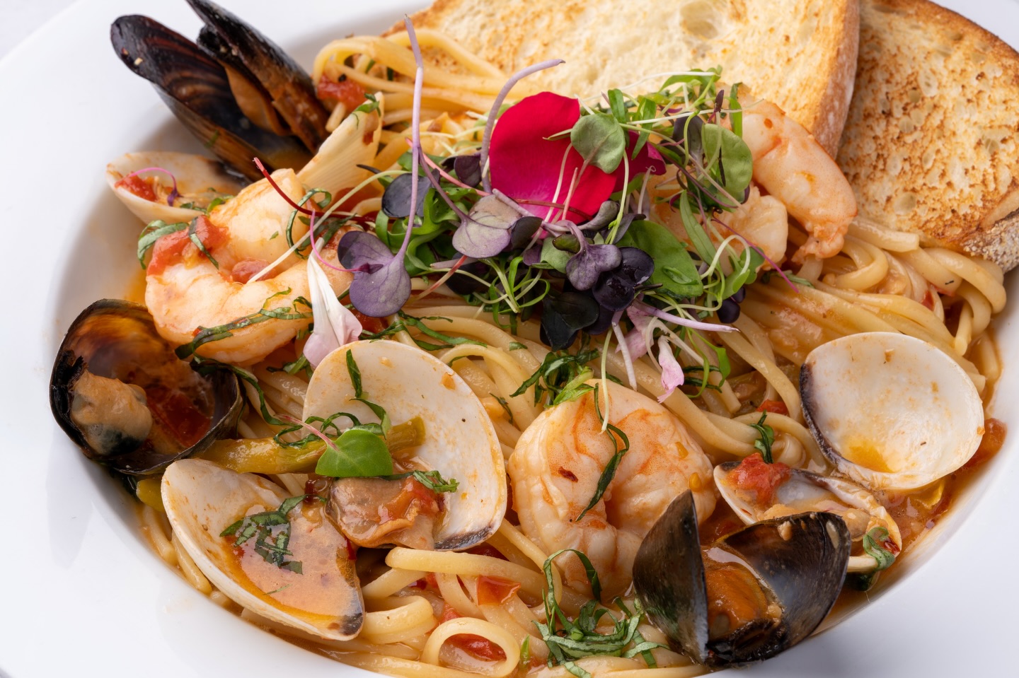 Food photography, plated pasta tower
