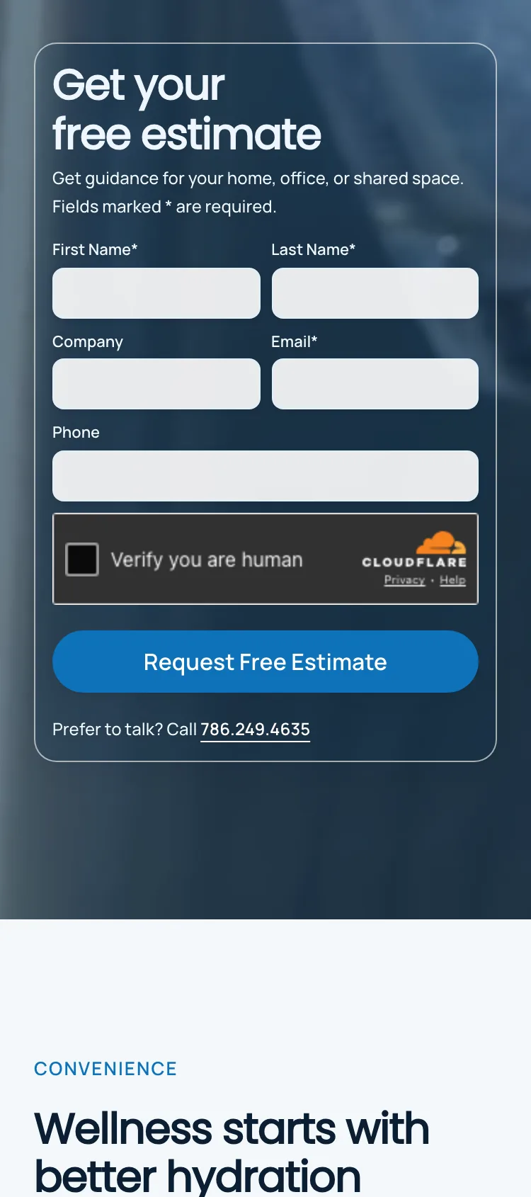 The Acqua Fresca free estimate form shown on a phone